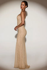 Metallic Lace Godet Fishtail Gown in Gold
