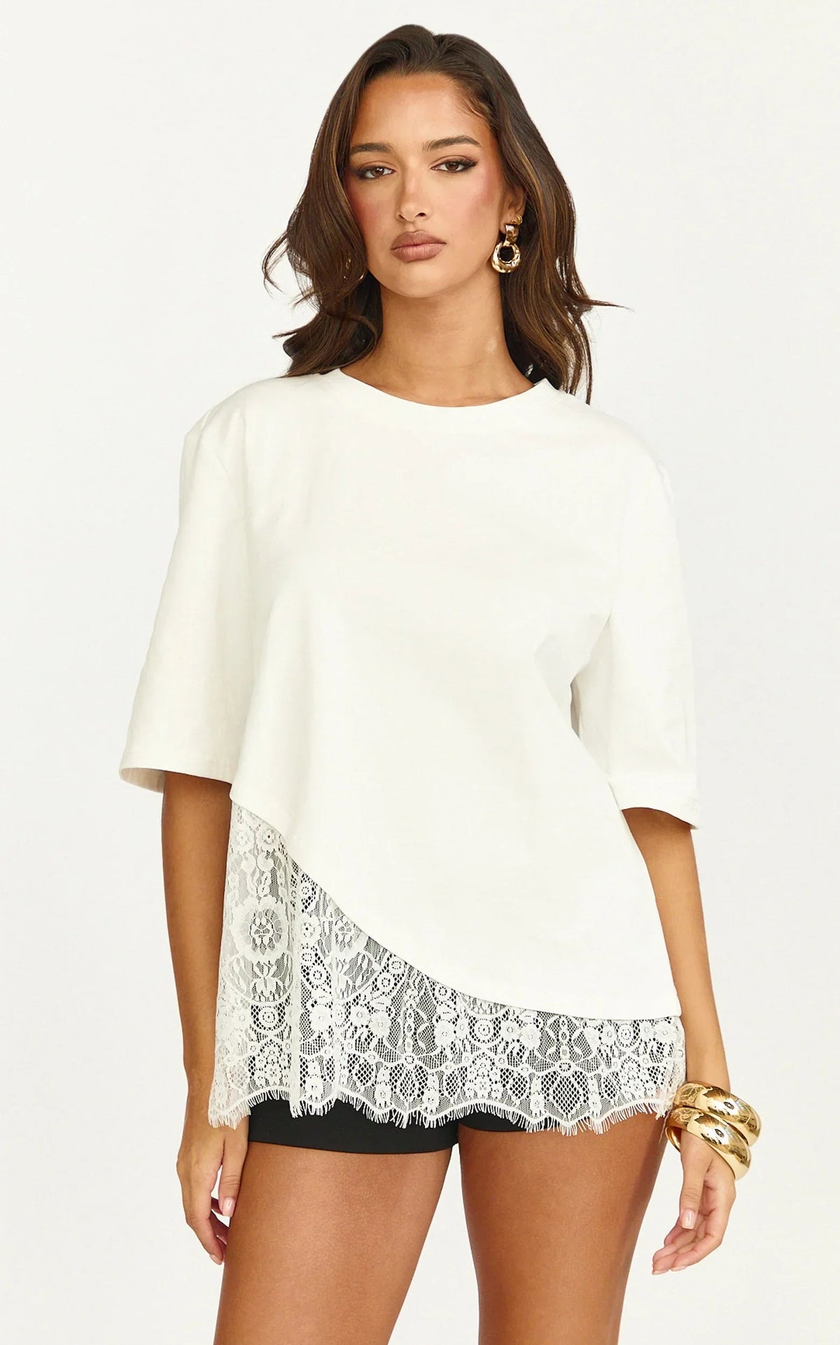 Abby Top - Asym Tee with Lace Trim in White