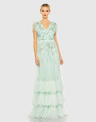 Green Ruffle Tiered Embellished Faux Wrap Flutter Sleeve Gown
