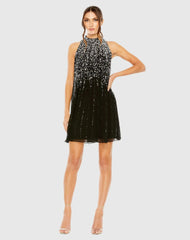 High Neck Sleeveless Sequin Embellished Trapeze Dress