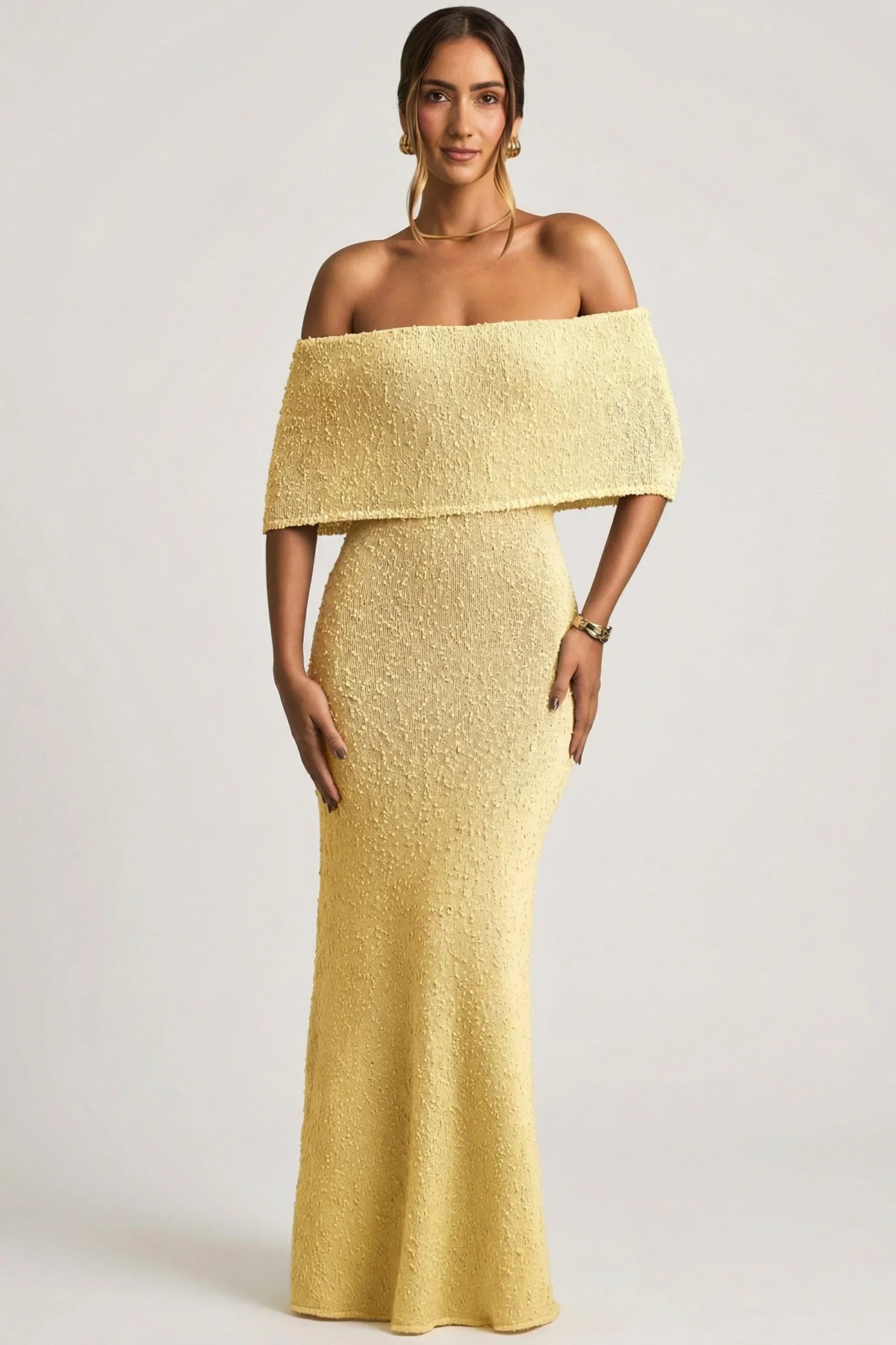 Bouclé Off-Shoulder Maxi Dress in Yellow