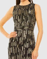 Black and Gold Abstract Beaded Sleeveless Midi Dress
