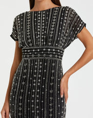 Black Beaded Cap Sleeve Empire Waist Sheath Midi Dress