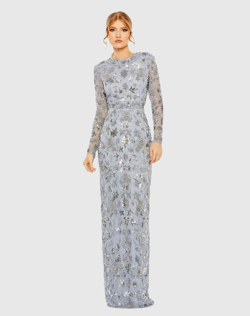 Blue High Neck Long Sleeve Embellished Column Gown