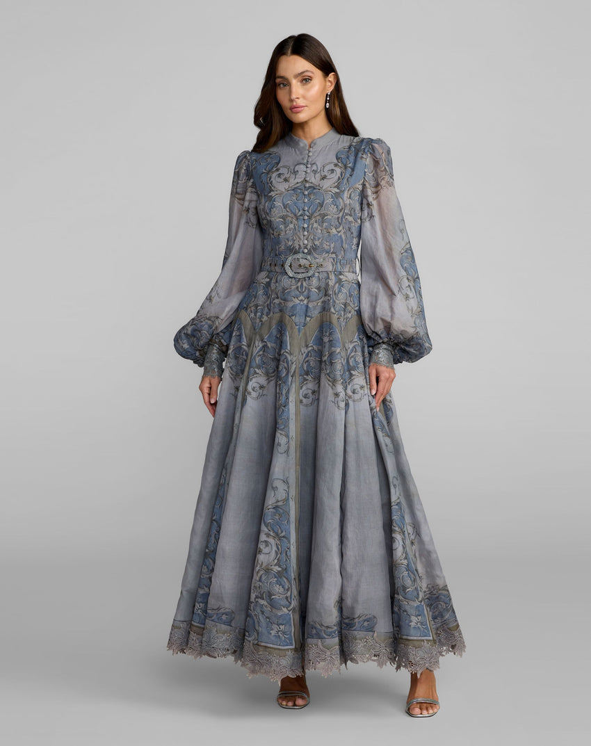 Slate Blue Bishop Sleeve Printed Cotton A-Line Dress