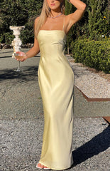 Astlee Yellow Satin Formal Maxi Dress