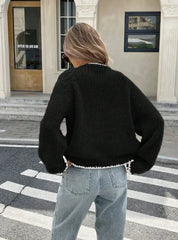 Women’s Tie-Front Cardigan – Cropped Knit Layer with Contrast Trim