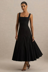 Magnolia | Black Scoop-Neck Midi Dress With Drop-Waist And Ruffling Detail