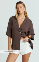 Joanna Top - Button Up Collared Short Sleeve Shirt in Chocolate