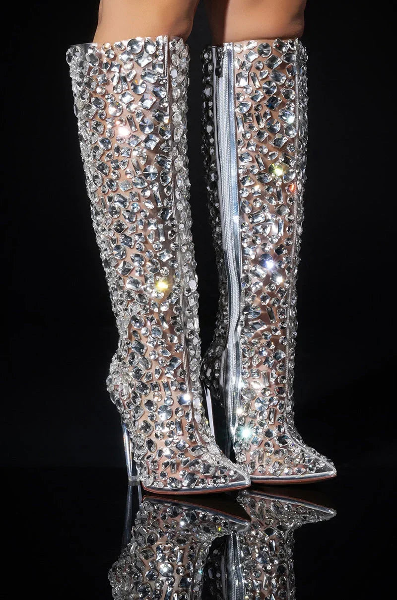 AZALEA WANG HONEY EMBELLISHED PVC CHUNKY BOOT IN SILVER
