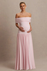 Juliette | Blush Pink Bardot-Neck Maternity Maxi Dress With Drop-Waist
