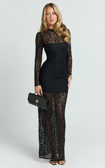 Andrea Maxi Dress - Lace High Neck Long Sleeve Dress in Black