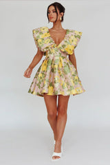 Bennet Puffed Neckline Mini Dress Floral Pink/Yellow