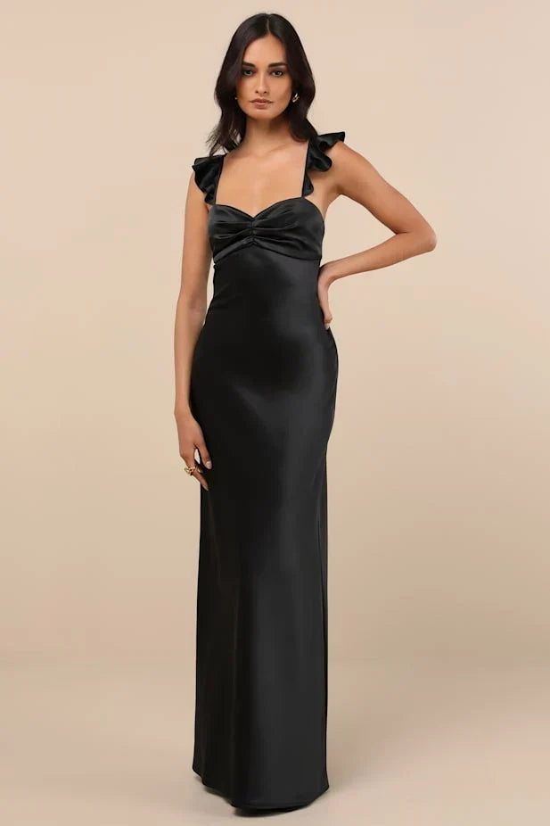 Exuberant Luxury Black Satin Ruffled Lace-Up Maxi Dress