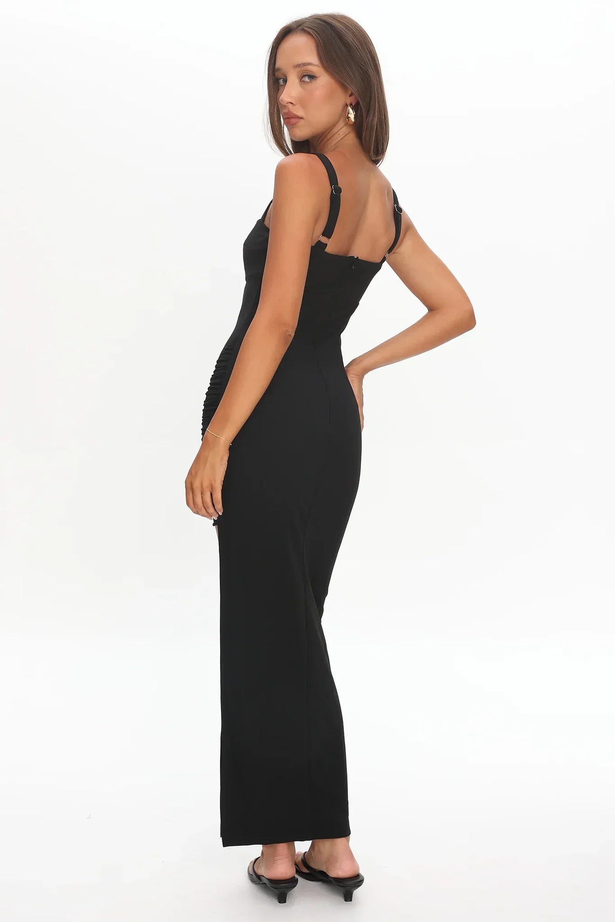 Zenya Split Ruched Midi Dress Black