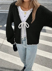 Women’s Tie-Front Cardigan – Cropped Knit Layer with Contrast Trim